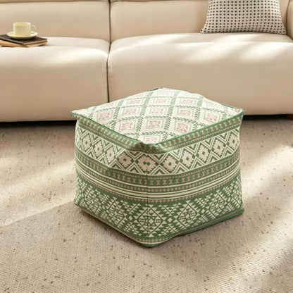 Bohemian Square Pouf Cover - Unstuffed Canvas Footstool with Hidden Storage