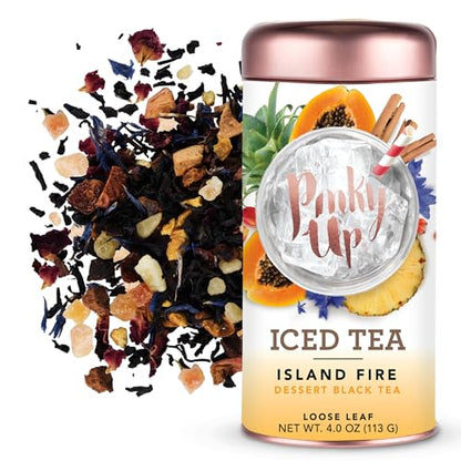 Pinky Up Island Fire Loose Leaf Iced Tea, black tea blend with fruit, 40-60 mg caffeine, naturally low calorie, 4.0 ounce tin, 25 servings