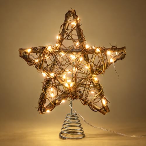 8 Inch Rattan Christmas Tree Topper Star with Warm LED Lights
