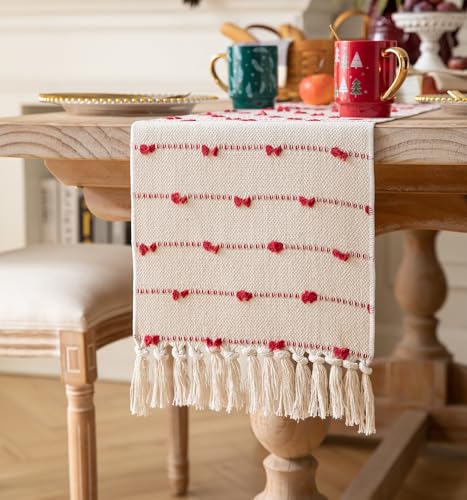 Caflife Christmas Table Runner 13x90 Inch Red and Beige Cotton with Tassels - Farmhouse Holiday Decor