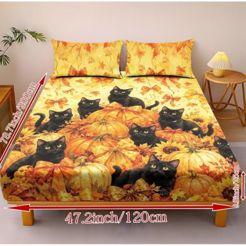 Fall Pumpkin Black Cat Fitted Sheet Set with Deep Pockets - Super Queen