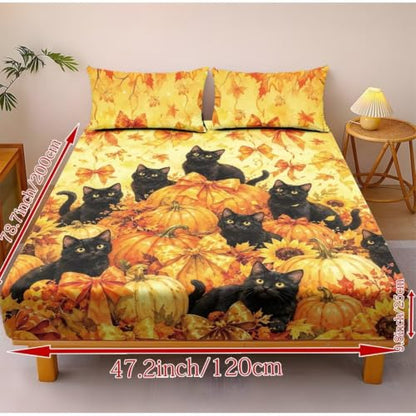 Fall Pumpkin Black Cat Fitted Sheet Set with Deep Pockets - Super Queen