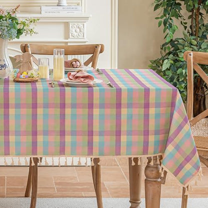 Easter Purple Buffalo Plaid Tablecloth with Tassels - 55x90 Inches, Cotton Linen Blend, Washable, Wrinkle-Free, Spring & Summer Dining Decor