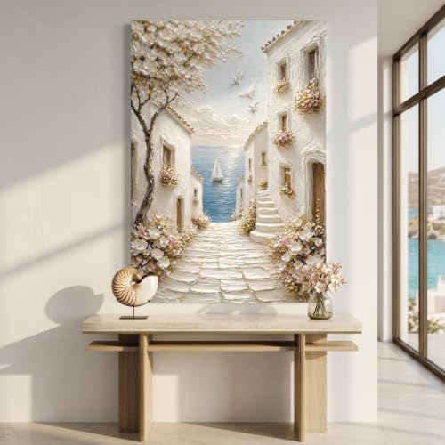 32x48 Coastal Village Pathway Canvas Wall Art - Mediterranean Scene