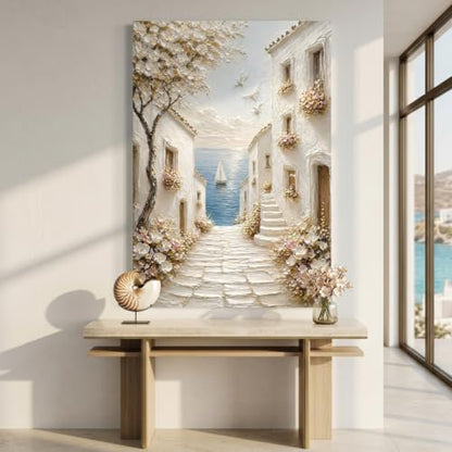 32x48 Coastal Village Pathway Canvas Wall Art - Mediterranean Scene