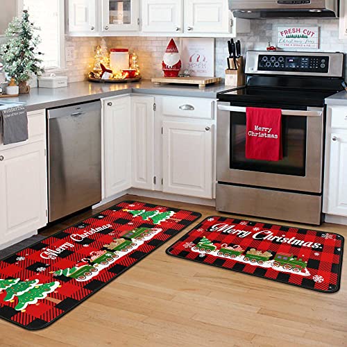 Christmas Kitchen Rugs and Mats Set 2 Pieces - Red Black Buffalo Check Plaid Variation 3
