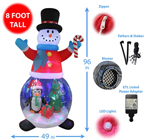 8 FT Inflatable Snowman Globe with Penguin & Gift Box - Holiday Yard Decor with Color-Changing LED Lights
