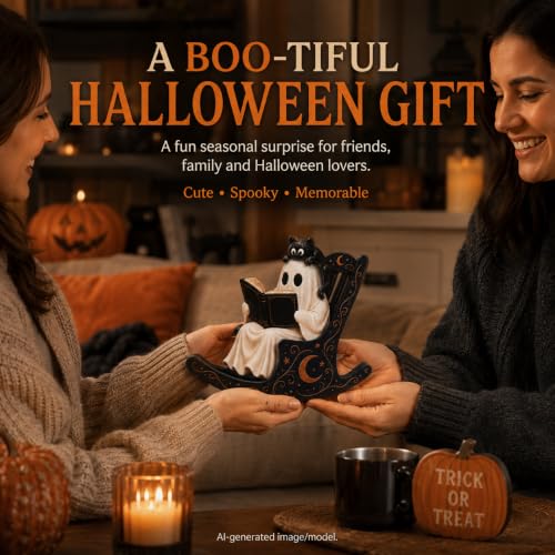 Halloween Ghost Decor - Reading Ghost Tabletop with Cat, Cozy Book Lover Halloween Decorations - Ghost Cat Book Variation