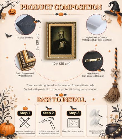 Halloween Vintage Gold Frame Wall Art - Frankenstein Holding Toilet Paper Variation