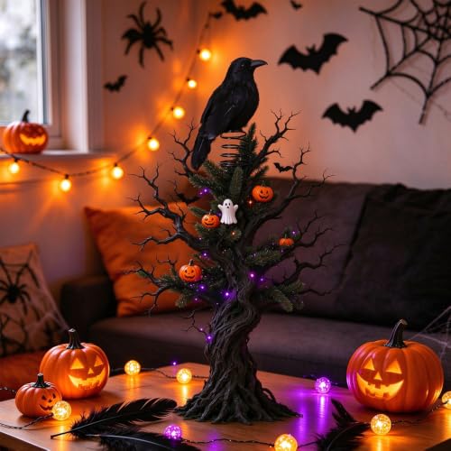 Halloween Black Crow Tree Topper with Feather Design and Metal Spring Base