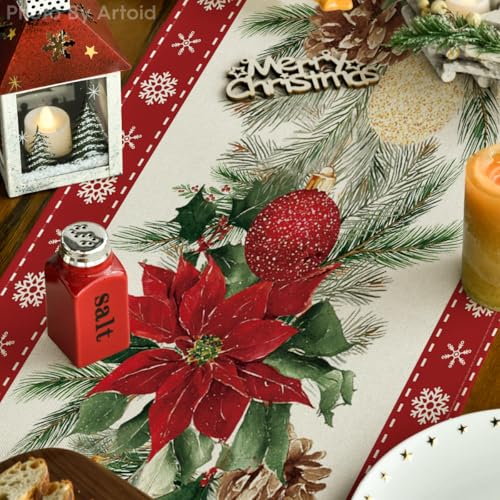 Christmas Table Runner 13x48 Inches Poinsettia Holiday Home Decor - Red