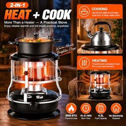 Portable 2-in-1 Kerosene Heater and Stove 9000 BTU with Adjustable Flame