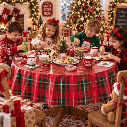 6 Pack Christmas Checkered Plaid Disposable Round Tablecloths - 84 Inches, Dark Red & Green