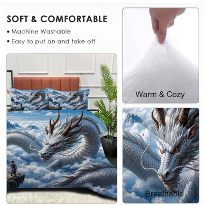 Full Sky Blue Quilt Set with Dragon Print 3 Pieces - All Season Bedding
