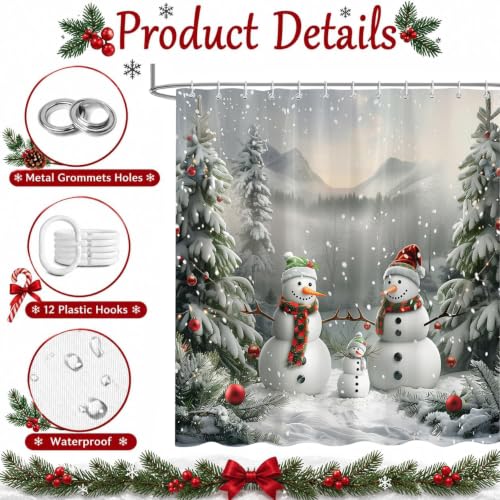 Winter Snowman Shower Curtain - 72x72 Inch Holiday Bathroom Decor with 12 Hooks - Snowman Design, Waterproof Polyester