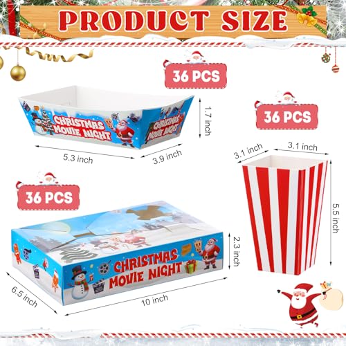 Movie Night Snack Tray Set - Christmas Themed 36 Pieces with Popcorn Boxes & Drink Holders - Holiday Party Supplies