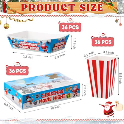 Movie Night Snack Tray Set - Christmas Themed 36 Pieces with Popcorn Boxes & Drink Holders - Holiday Party Supplies