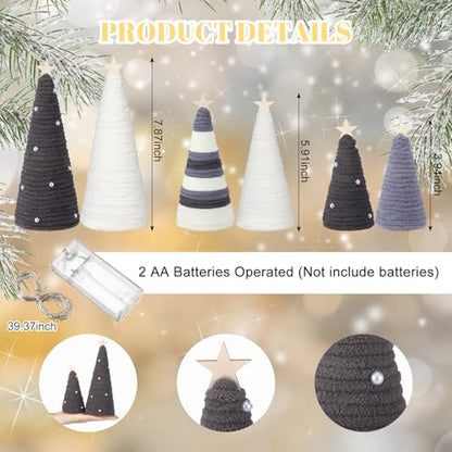 Gray Yarn Cone Christmas Trees with LED Lights & Star Centerpiece - Set of 6
