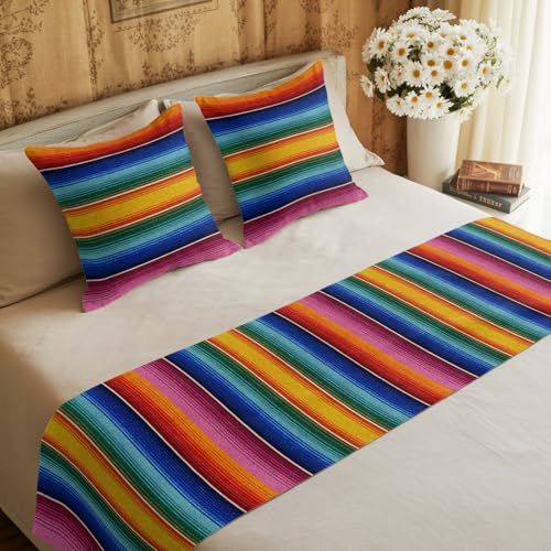 Mexican Stripes King Bed Runner & Pillow Cover Set Pink Turquoise Yellow 94x20
