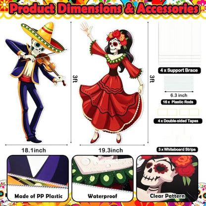 Vibrant Day of The Dead Cardboard Cutouts - Indoor & Outdoor Decor Set