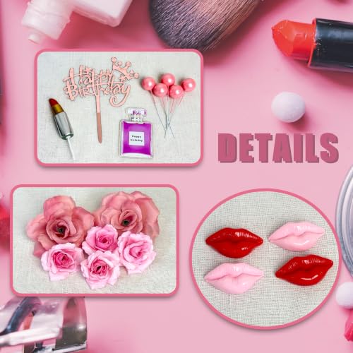 Makeup Cake Topper Set with Artificial Roses and Clay Lipstick for Birthday & Spa Parties