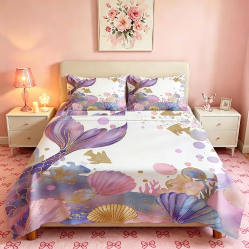 White Gold Mermaid Queen Bedding Set - 4 Piece Underwater Girl Sheet Set