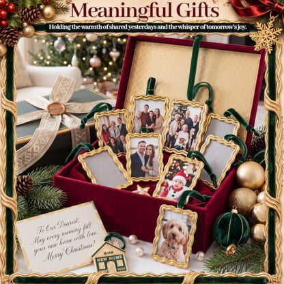 9 Pcs Christmas Photo Frame Ornament for Tree Gold Scalloped Emerald Green