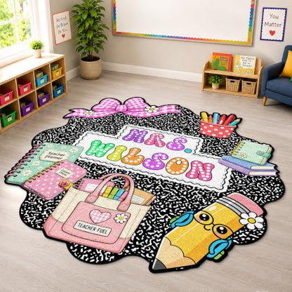Personalized Classroom Shaped Rug for Kids with Name - Composition Notebook Design