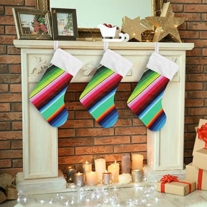 2 Pack Christmas Stockings with Mexican Serape Stripe Design - 17.7 Inch Holiday Fireplace Decor - Variation A12