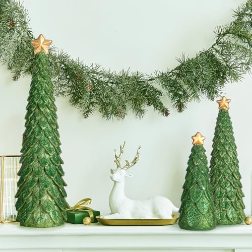Beeveer 3-Piece Christmas Tree Figurines Set Glitter Resin Table Decor - Green