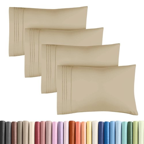 Standard Pillow Cases Set of 4 - Ultra Soft Hotel Quality Pillowcase Covers - Comfy Cozy Bedding for Women, Men, Kids & Teens - Machine Washable Pillow Protectors - 4 Piece Set - Standard Size Beige