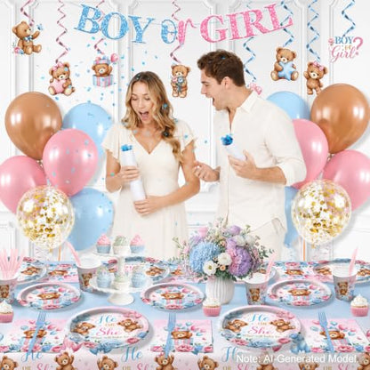 Brown Bear Gender Reveal Decorations Tableware Set - 205pcs for 25 Guests