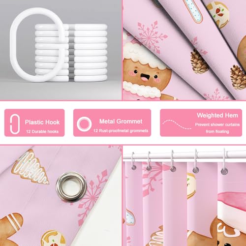 Pink Christmas Gingerbread Man Shower Curtain 72x72 Inches - Waterproof Bathroom Decor