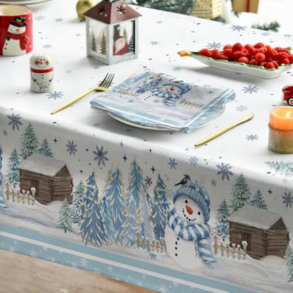 Christmas Tablecloth 60 x 84 Inch Rectangular Blue Snowman Pine - Holiday Decor