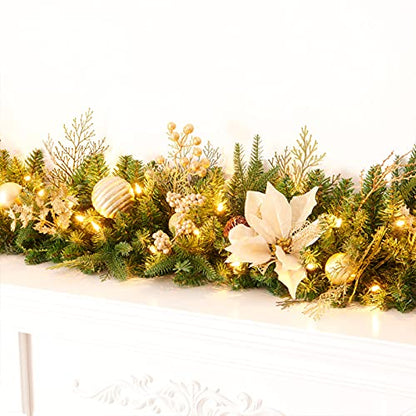 9Ft Artificial Christmas Garland Prelit with Gold Berries & Balls - Plug In, Gold / Holiday Decor