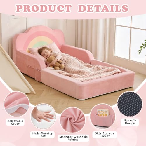 Pink Toddler Floor Bed and Kids Sofa - No Assembly Needed, Soft Foam