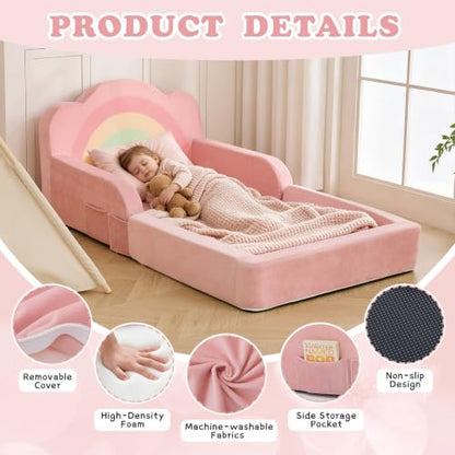 Pink Toddler Floor Bed and Kids Sofa - No Assembly Needed, Soft Foam