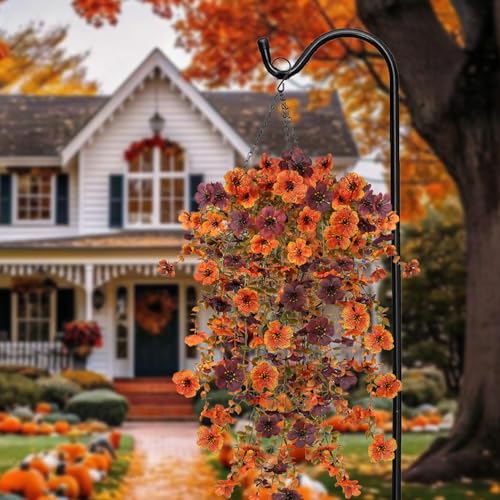 Artificial Fall Hanging Flowers Plants - Faux Silk Mums for Outdoor & Indoor Decor, 4 Pack - Fall Orange Brown