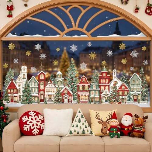 decalmile Christmas Window Clings Red House & Xmas Tree - Retro House Variant
