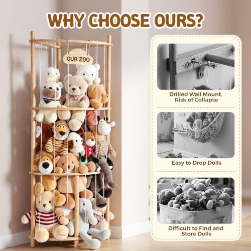 Corner Plush Toy Storage Tower - 52 Inch Kids Room Organizer, Space-Saving Design