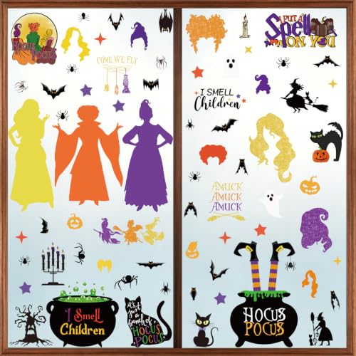 Hocus Pocus Window Clings Set - 9 Sheets, 70 Halloween Decals with Witch, Bats & Spiders - Variation of Hocus Pocus