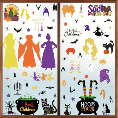 Hocus Pocus Window Clings Set - 9 Sheets, 70 Halloween Decals with Witch, Bats & Spiders - Variation of Hocus Pocus