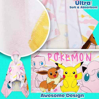 Pokemon Hooded Kids Beach Towel Absorbent Changing Robe Cotton Poncho Bath Towels (Pink, 6-14 Years)