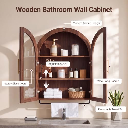 23.6-Inch Walnut Arched Bathroom Wall Cabinet with Towel Bar & Adjustable Shelf