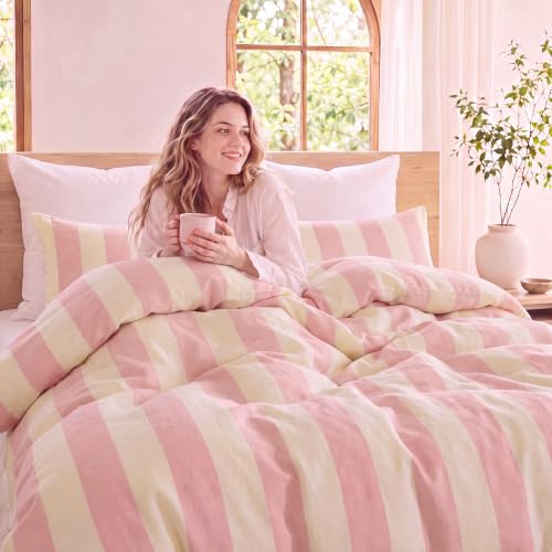 Pink Striped Comforter Set Queen - Blush Wide Stripe 100% Cotton, Cabana Style