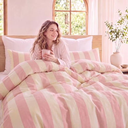 Pink Striped Comforter Set Queen - Blush Wide Stripe 100% Cotton, Cabana Style