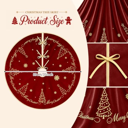 Christmas Tree Skirt Gold Embroidery 60 Inch Red Velvet Tree Decor - Variation of Tree Red / 60 Inch