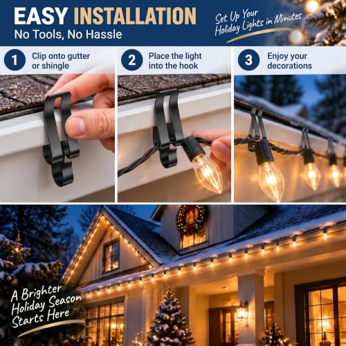 200 Pcs Christmas String Light Hanger Hooks for Gutter & Outdoor Decorations - Heavy Duty Metal Clips