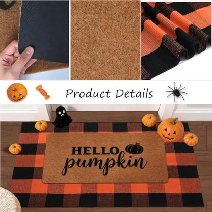 Halloween Door Mat Set with Pumpkin Coir & Orange Black Plaid - Fall Porch Decor