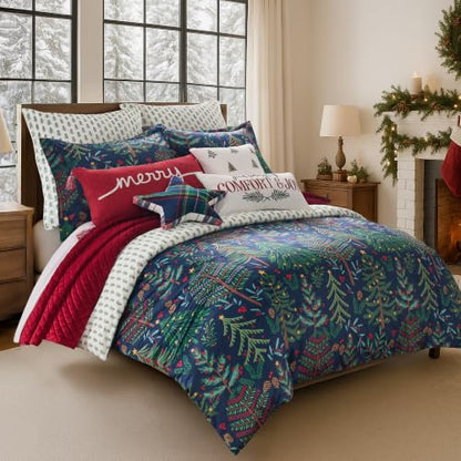 King Duvet Cover Set - Woodsy Wonder Holiday Forest Trees & Pinecones, Reversible Velvet, Navy, with Shams - Variation of THIS listing